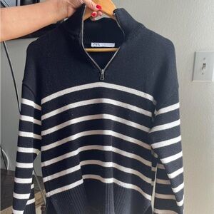 Zara Black and White Striped Turtleneck Sweater